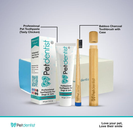 Duo Kit - Petdentist Tasty Chicken Toothpaste and Natural Bamboo Toothbrush with Case