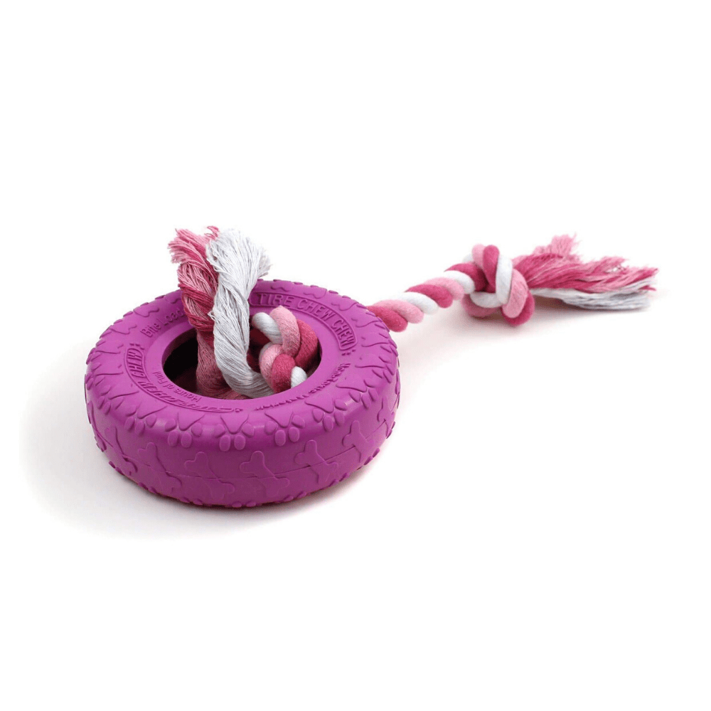 Dog Tyre Rubber Chew Tug Toy with Rope Flosser – Pink - Petdentist