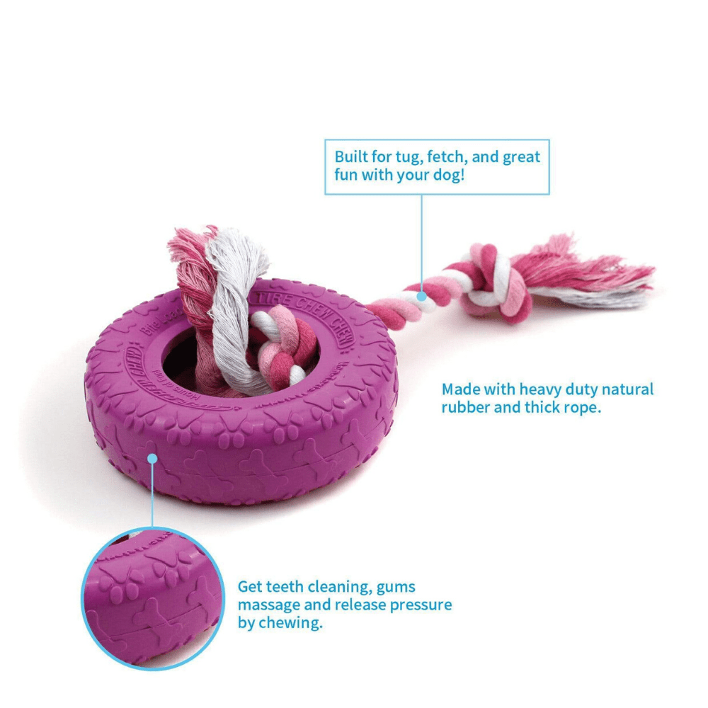 Dog Tyre Rubber Chew Tug Toy with Rope Flosser – Pink - Petdentist