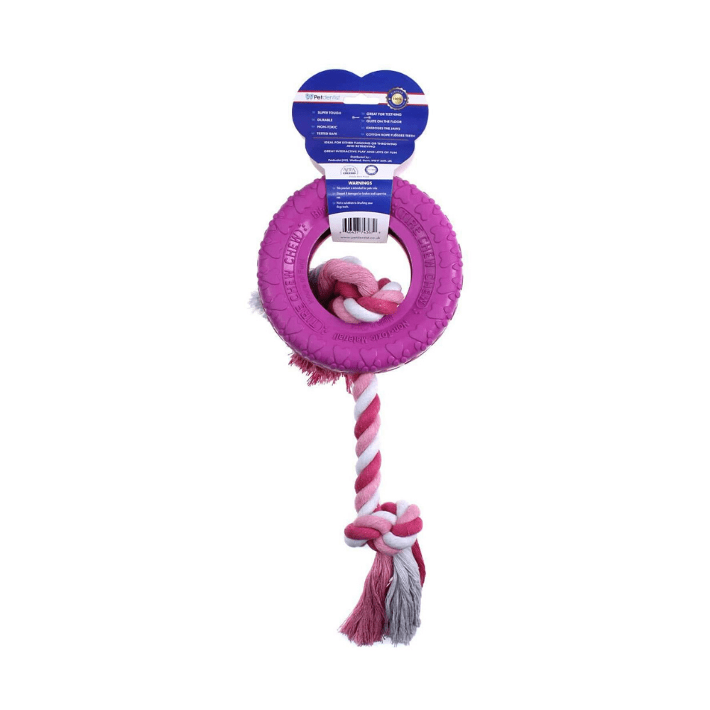 Dog Tyre Rubber Chew Tug Toy with Rope Flosser – Pink - Petdentist