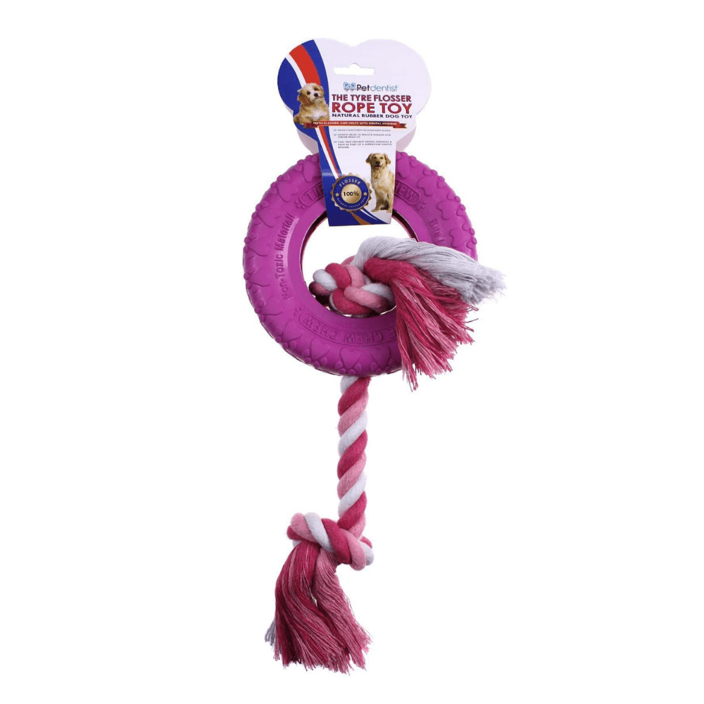 Dog Tyre Rubber Chew Tug Toy with Rope Flosser – Pink - Petdentist