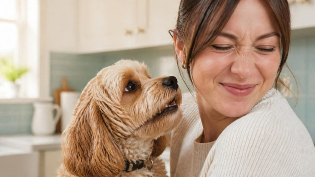 Cavapoo close to its owner's face in a bright kitchen