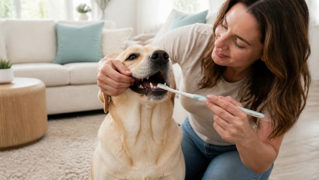 Yellow Labrador having its back teeth brushed with a long-handled soft toothbrush