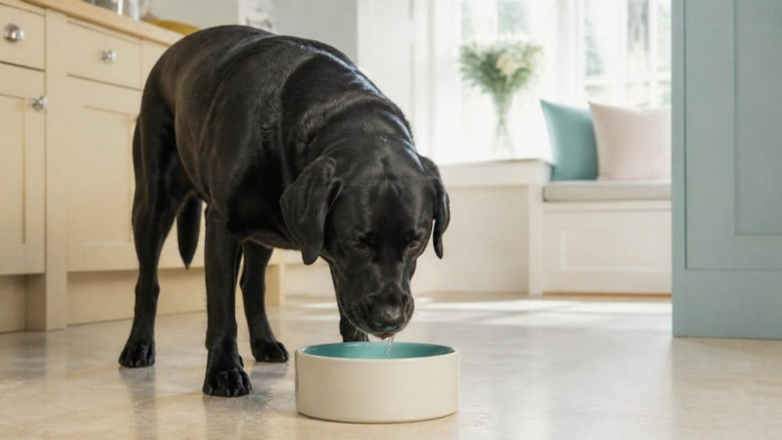 Black Labrador drinking from a ceramic water bowl in a bright kitchen
