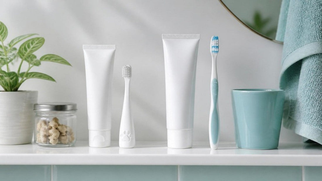 A pet toothpaste tube and brush beside a human toothpaste tube and brush on a bathroom shelf