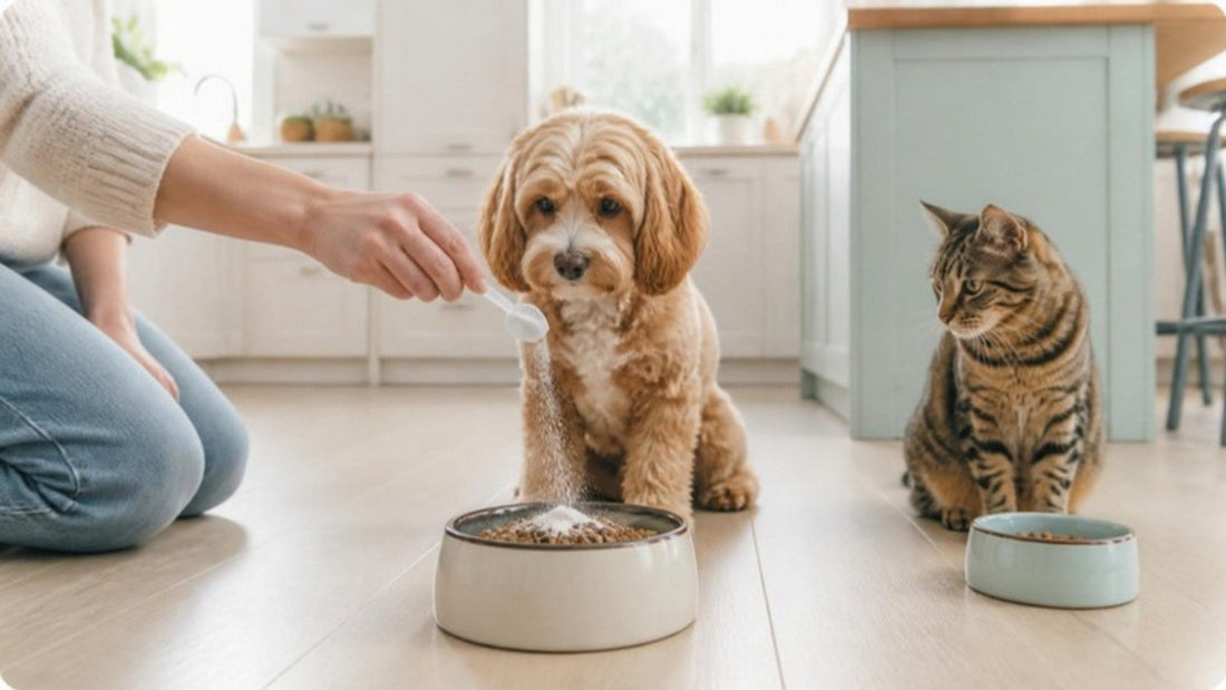 Sprinkling a scoop of probiotic powder over a dog's dinner while a tabby cat waits beside its bowl