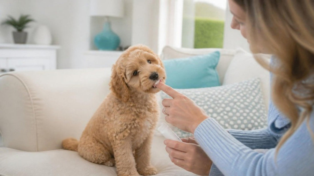 Apricot Cavapoo puppy licking a dab of pet toothpaste from its owner's fingertip