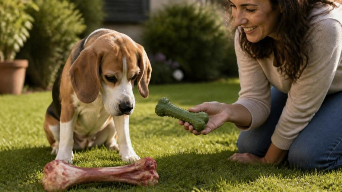 Beagle in a garden looking at a raw bone while its owner offers a soft rubber chew toy instead