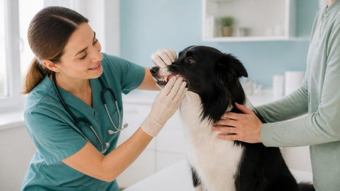 Vet examining a Border Collie's teeth in a bright consulting room