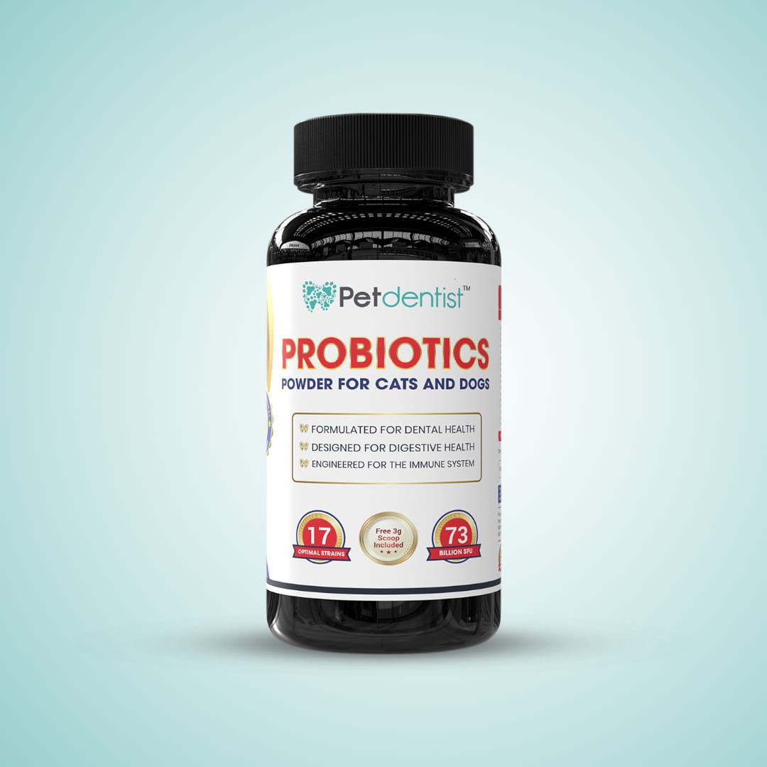 Petdentist probiotic powder for dogs and cats, 90 g tub, 17 strains 73 billion CFU, front