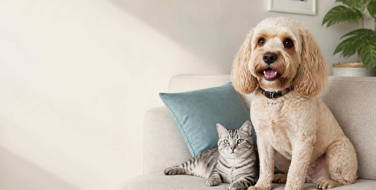 Merlo the Cavapoo sitting on a sofa beside a tabby cat