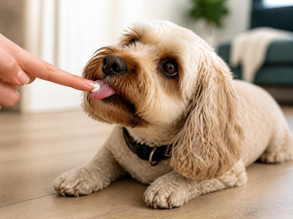 Merlo the Cavapoo tasting a dab of pet toothpaste from a fingertip