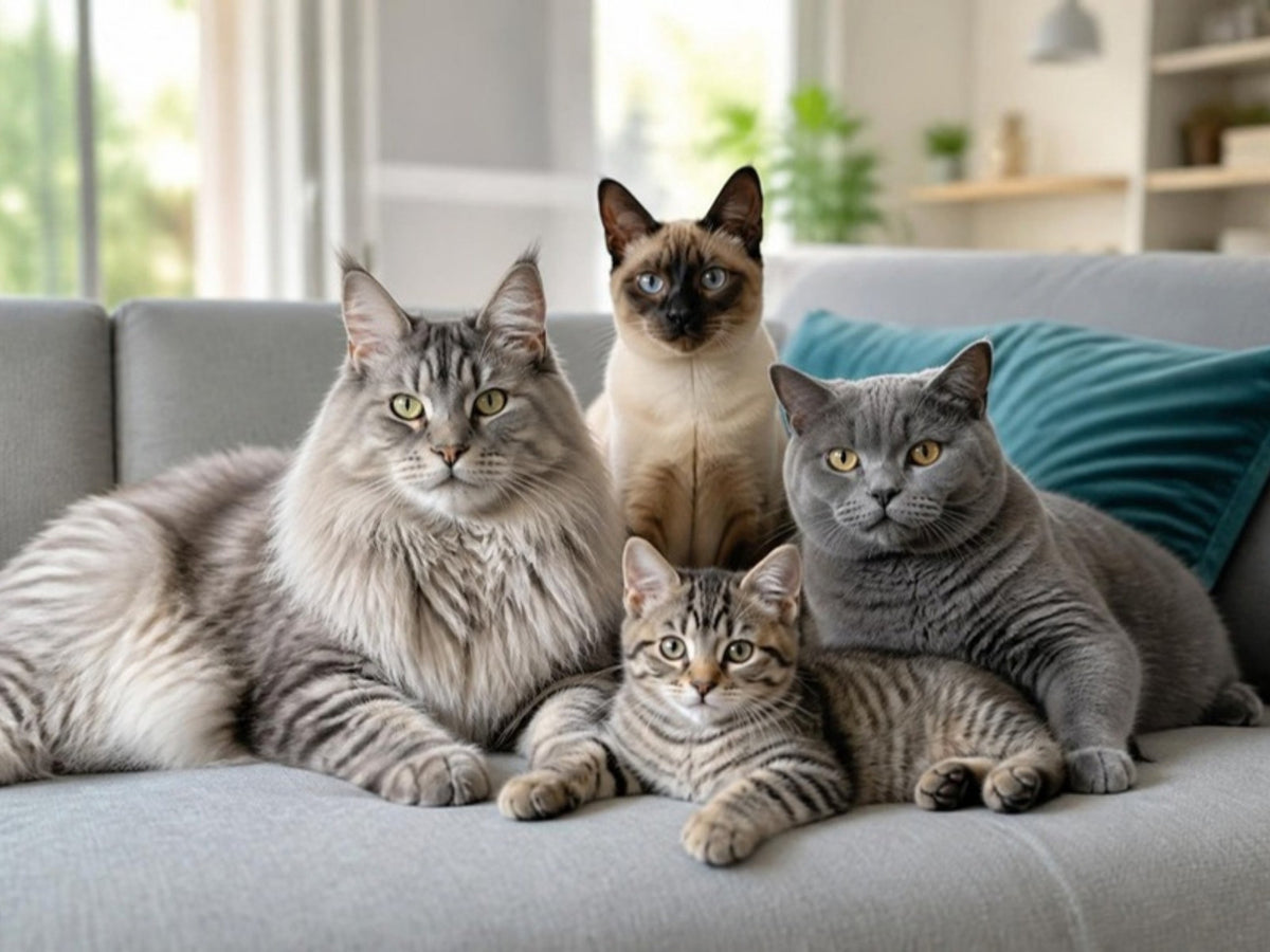 Four cats of different breeds and sizes, a Maine Coon, British Shorthair, Siamese and tabby kitten, on a grey sofa