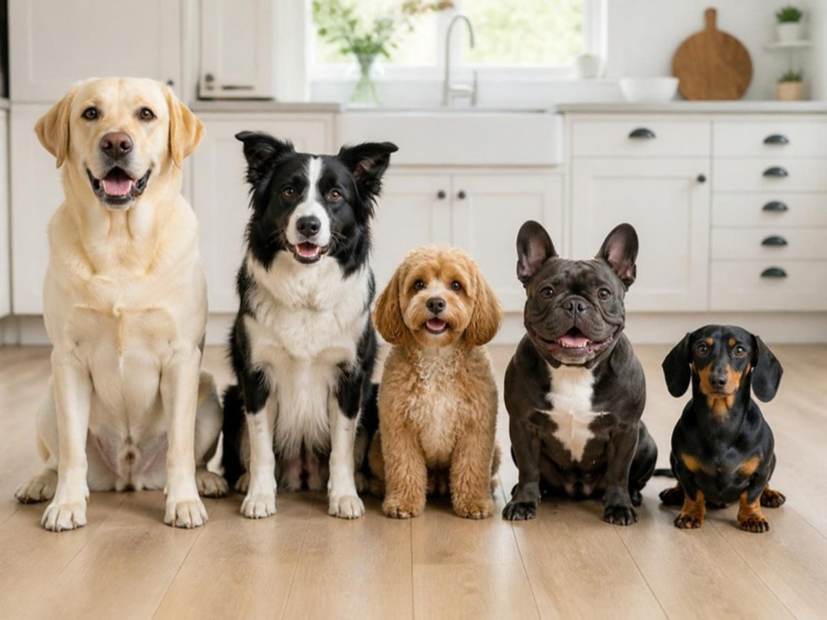 Five dogs of different breeds and sizes, from a Labrador to a Dachshund, sitting in a row in a bright kitchen