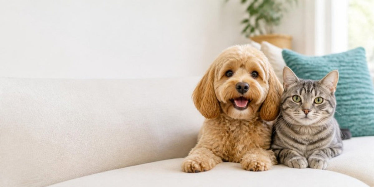 A Cavapoo dog and a tabby cat sitting together on a cream sofa in a bright living room