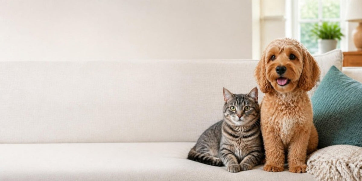 Merlo the Cavapoo and a tabby cat sitting together on a cream sofa