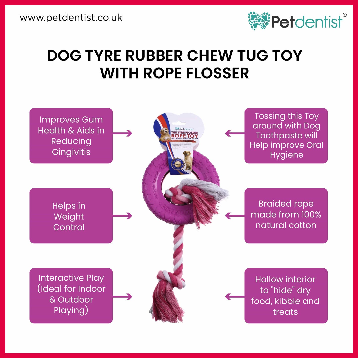 Dog Tyre Rubber Chew Tug Toy with Rope Flosser – Pink - Petdentist