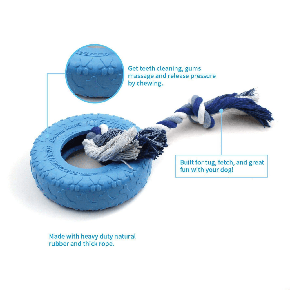 Dog Tyre Rubber Chew Tug Toy with Rope Flosser – Blue - Petdentist